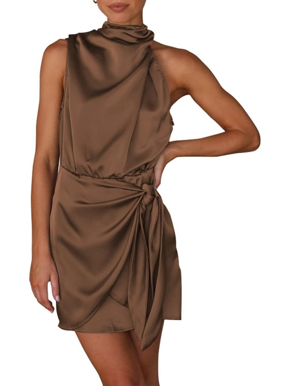 Women's Dark Brown Sleeveless Mock Neck Formal Satin Tie Waist Tank Top Dress
